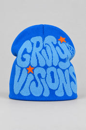 Bonnet Y2K 'Groovy Visions' bleu et orange — bonnet seul sur fond gris