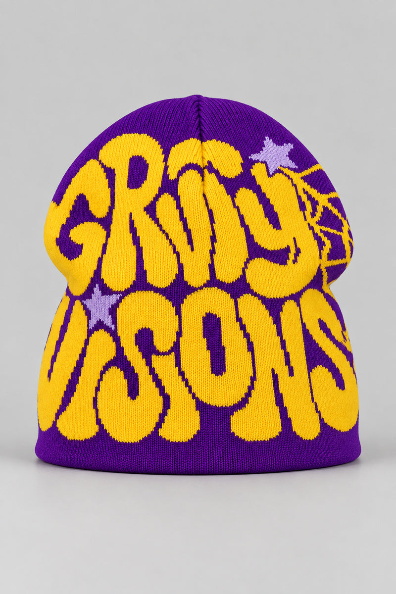 Bonnet Y2K 'Groovy Visions' jaune et violet — bonnet seul sur fond gris