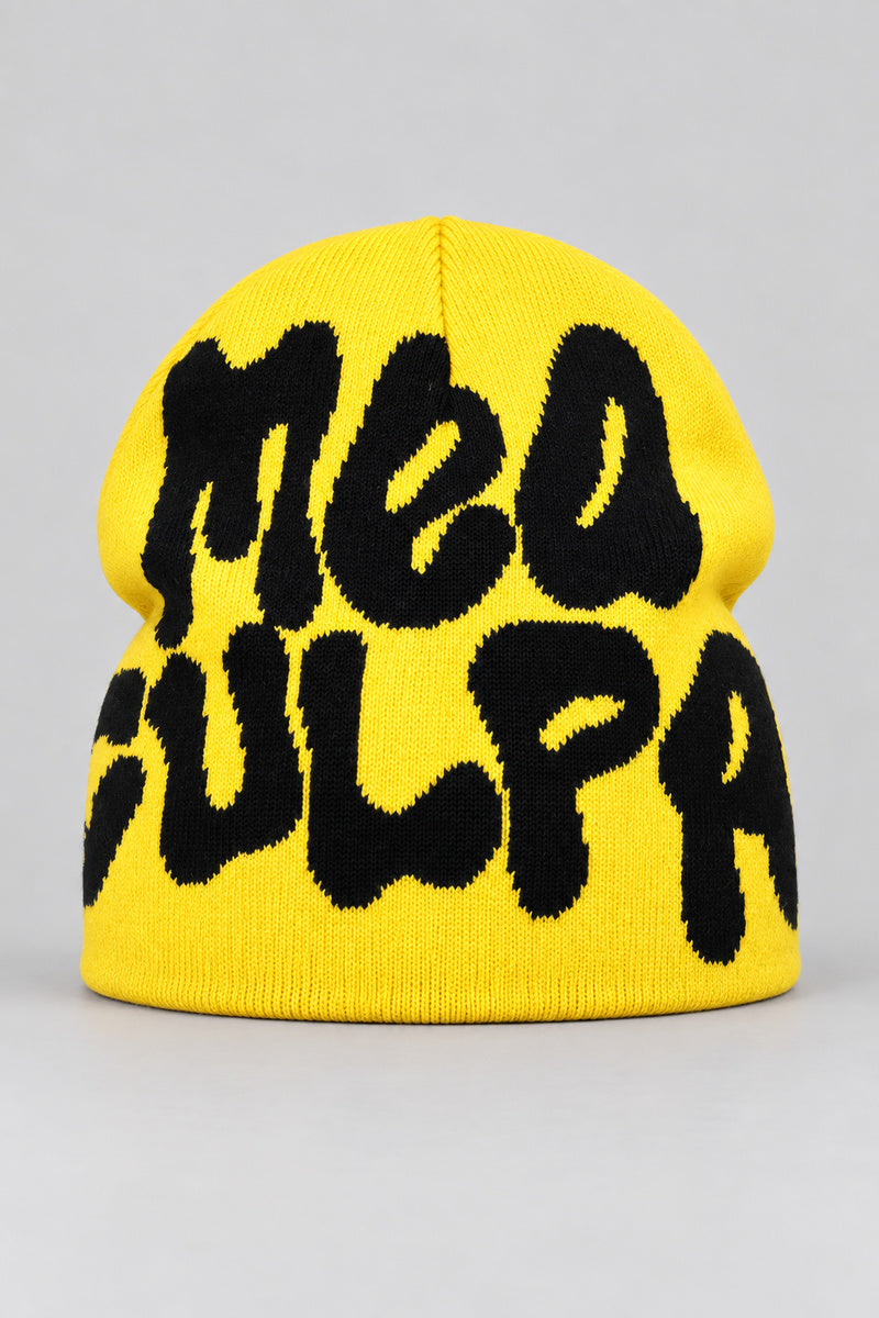 Bonnet Y2K 'Mea Culpa' noir et jaune — bonnet seul sur fond gris