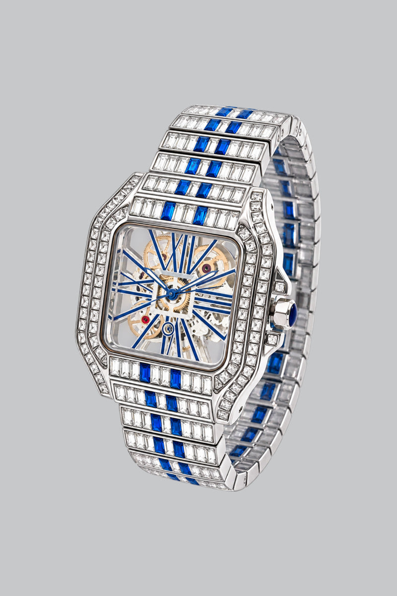 Montre Dorée Vintage Argenté Bleu — vue studio sur fond gris