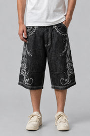 Short Denim Baggy Brodé — vue de face, Y2K CLUB