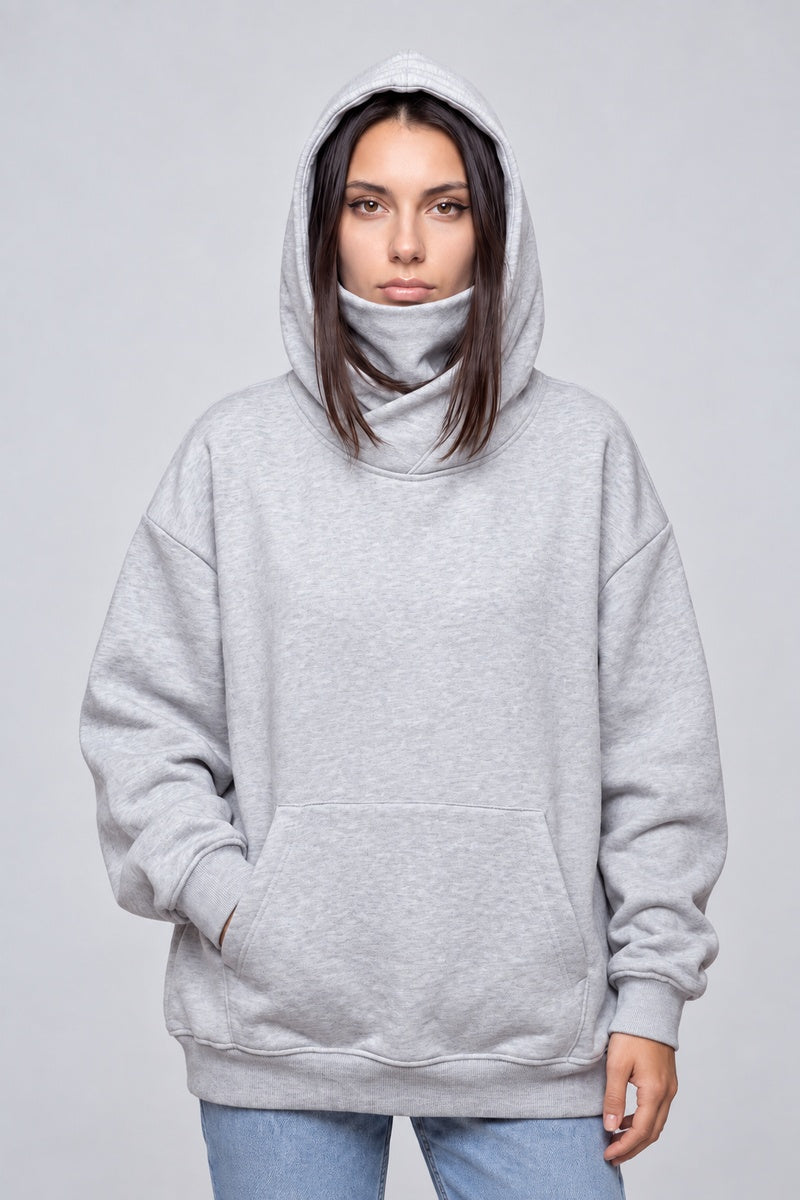 Sweat Col Montant Ninja Techwear, gris clair capuche, photo studio
