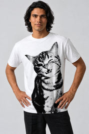 T-shirt Kawaii Chat blanc, grand chat noir et blanc imprimé en trame sur le devant.
